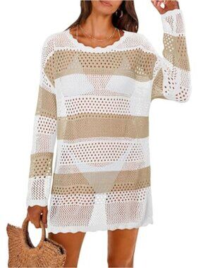 Crochet Knit Beach Cover Up Dress Swimsuit - Lightweight Long Sleeve